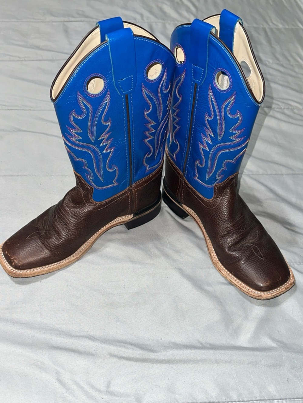 Old West Boys Big Kid Sz 5 Embroidered Cowboy Boots Western BrownBlue Square Toe - Picture 6 of 14
